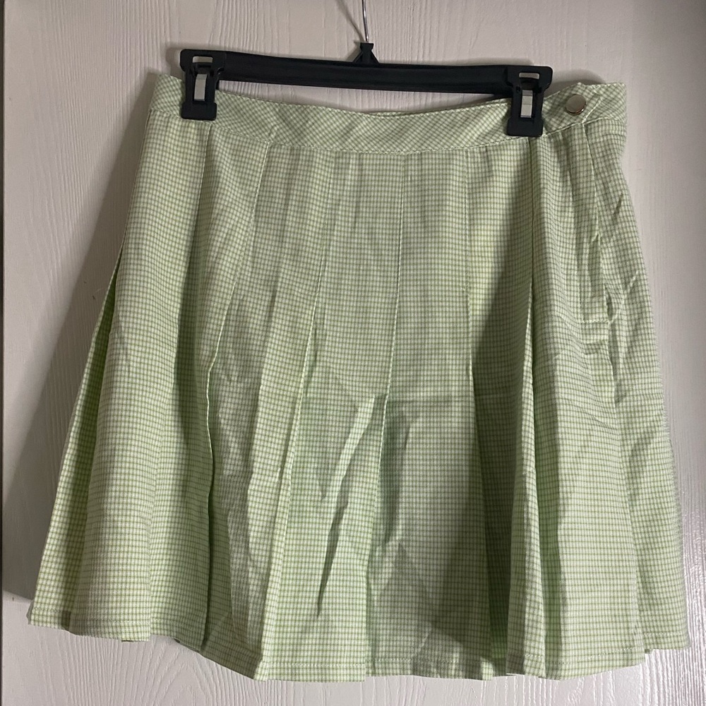 Elodie, Green, Check printed pleated skirt, Large